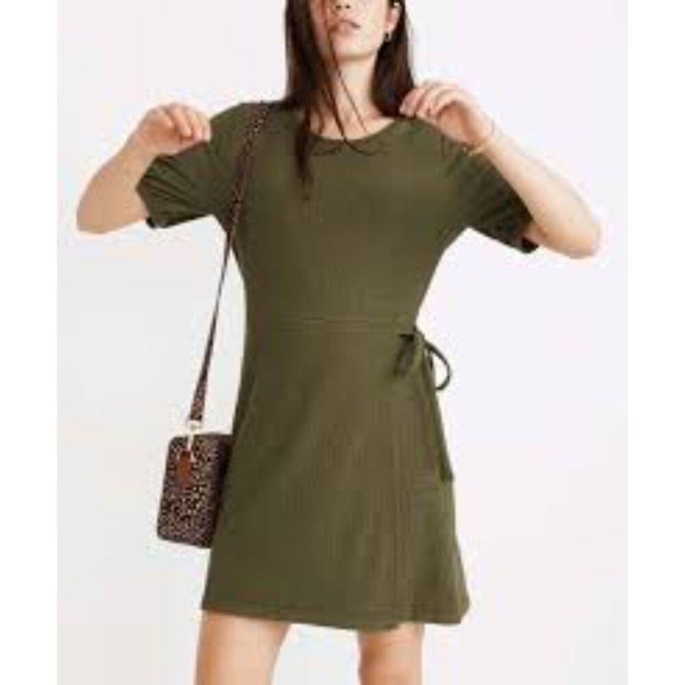 Olive Green Textured Mini Dress Women’s Tie Waist Casual Shift Dress